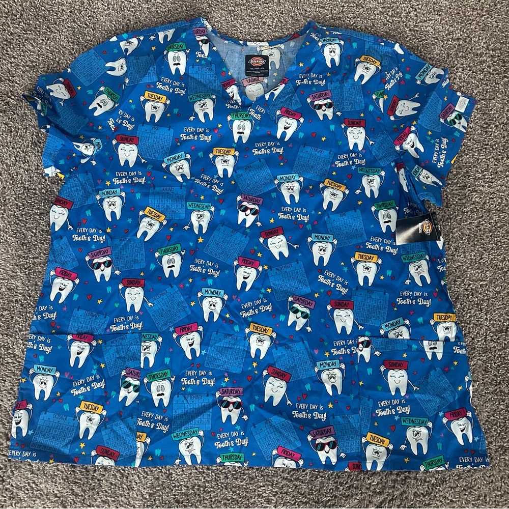 Dickies Blue Dental Print Scrub Top with Tooth Characters